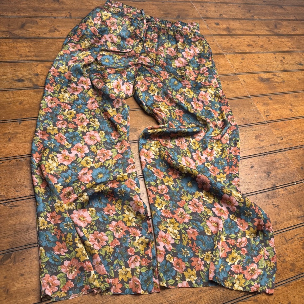 ILLA ILLA Floral Wide‎ Leg Pants Brown Pink Blue Elastic Waist Drawstring Small